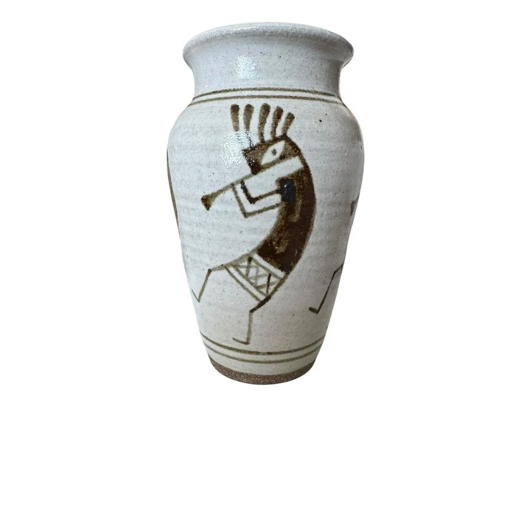 Vintage Hand‎ Painted Kokopelli pottery rustic Small Vase Signed M 2006